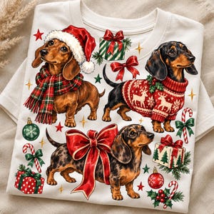 Puede incluir: Una camiseta color crema con un estampado gráfico de tres perros salchicha. Uno lleva un gorro de Papá Noel y bufanda de cuadros, otro un suéter rojo con renos blancos y el tercero un gran lazo rojo. Incluye cajas de regalo y adornos.