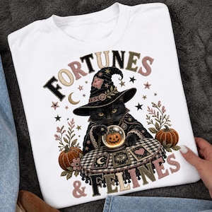 Chat d'Halloween (PNG), Chat noir (PNG), Chat sorcière (PNG), Chat diseur de bonne aventure, Fausse broderie (PNG), T-shirt d'Halloween, Prédictions et félins