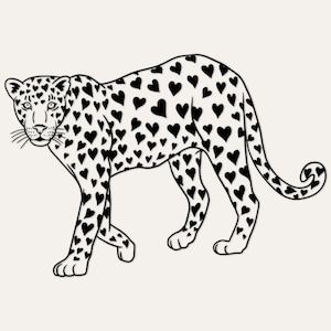 May include: A black and white line art illustration of a leopard standing in profile. The animal's coat is covered in a repeating pattern of solid black heart shapes instead of traditional spots, with a long tail that curls upward at the end.