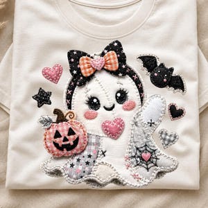 May include: A cream-colored t-shirt featuring a central applique of a white ghost character wearing a black bow with pink stars and a pink gingham heart. The ghost holds a pink gingham jack-o'-lantern and is surrounded by black bats, hearts, and stars.