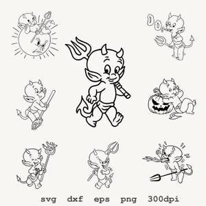 Op de afbeelding: Een verzameling zwart-wit lijntekeningen van een cartoonduiveltje in verschillende houdingen, waaronder met een drietand, zittend op de maan, rokend en met een pompoen, met de tekst svg dxf eps png 300dpi onderaan de afbeelding.
