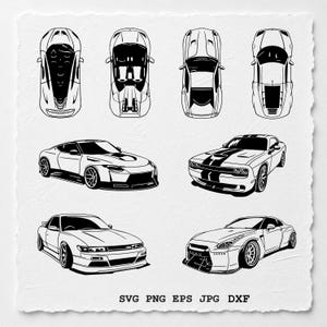 Puede incluir: Una colección de ilustraciones vectoriales en blanco y negro que muestran ocho coches deportivos diferentes desde perspectivas cenitales y angulares. En la parte inferior de la imagen aparece el texto SVG PNG EPS JPG DXF en una fuente sans-serif.