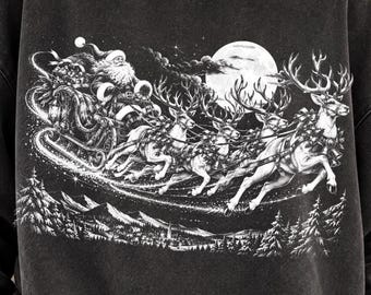 Santa Sleigh Png, Vintage Christmas Reindeer, Black and White Engraving, Flying Santa Winter Scene, Retro Christmas Shirt Sublimation