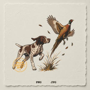 May include: A digital illustration of a brown and white spotted hunting dog running toward a flying pheasant. The scene includes tall grass and falling leaves. A circular logo with the text Pixels Dreamy Shop is visible. PNG and JPG text appears.