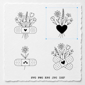 Può includere: Quattro illustrazioni in bianco e nero a tratto che presentano bouquet di fiori combinati con cerotti adesivi e una forma a cuore. I disegni includono fiori legati con cerotti o un cuore, con il testo SVG PNG EPS JPG DXF in basso.