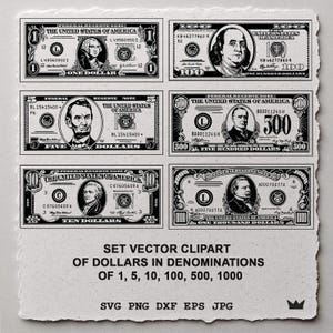 May include: A black and white vector clipart set featuring six United States banknote denominations: 1, 5, 10, 100, 500, and 1000 dollars. The text reads: SET VECTOR CLIPART OF DOLLARS IN DENOMINATIONS OF 1, 5, 10, 100, 500, 1000 SVG PNG DXF EPS JPG.