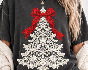 Lace Christmas Tree Png, White Snowflake Tree with Red Bow, Faux Embroidery Design, Vintage Christmas Shirt Png, Holiday Sublimation