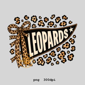 May include: A black pennant flag graphic with the word LEOPARDS in cream letters, featuring a large leopard print bow on the left side and scattered leopard print spots throughout the design, including a small star at the right end of the pennant.