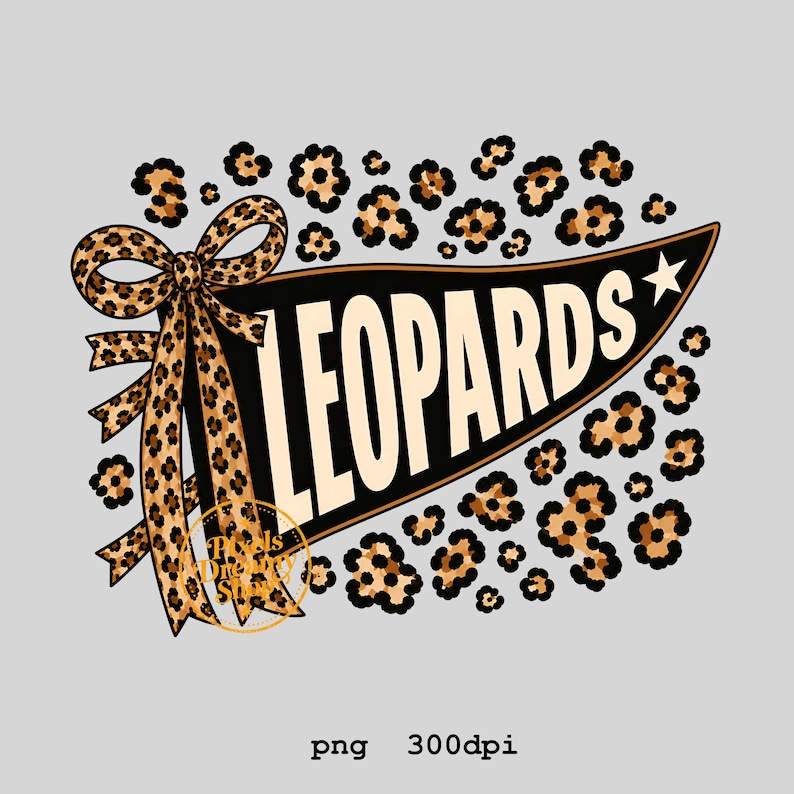 May include: A black pennant flag graphic with the word LEOPARDS in cream letters, featuring a large leopard print bow on the left side and scattered leopard print spots throughout the design, including a small star at the right end of the pennant.