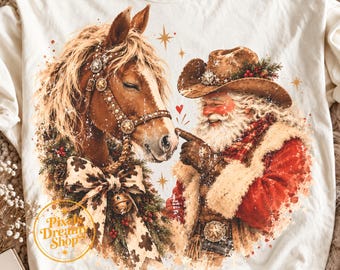 Cowboy Santa Christmas Png, Horse Nose Boop, Retro Western Holiday Art, Cow Print Bow, Fun Horse Lover Shirt, Country DTF Sweatshirt Graphic