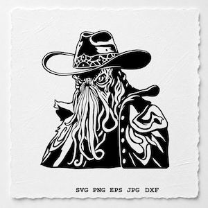 May include: A black and white graphic illustration of a creature with a tentacled face wearing a wide-brimmed cowboy hat and a coat. The design features sharp lines and high contrast, with the text SVG PNG EPS JPG DXF printed at the bottom.