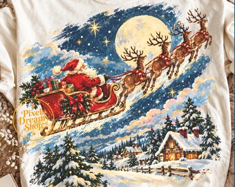 Santa Sleigh Png, Vintage Christmas Reindeer Flying Over Snowy Village, Retro Christmas Night Scene, Christmas Shirt Png, Sublimation Design