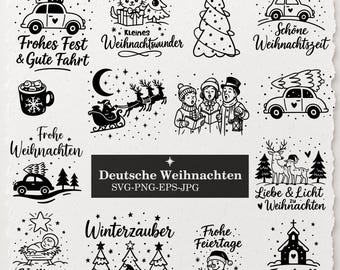 以下が含まれることがあります： クリスマスをテーマにした白黒のデジタルイラスト集。車とツリー、猫、トナカイのそり、聖歌隊、雪だるま、キリスト降誕の場面、教会などが描かれており、ドイツ語のホリデーメッセージが添えられています。