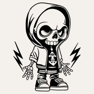 May include: A black and white graphic illustration of a cartoon skeleton wearing a hooded jacket, a t-shirt with a central emblem, and sneakers. The skeleton is depicted with outstretched arms, flanked by two jagged lightning bolt symbols on each side.
