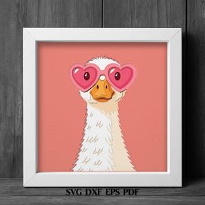May include: A square white frame containing a digital illustration of a white goose with an orange beak wearing large pink heart-shaped sunglasses against a solid coral background. The text SVG DXF EPS PDF is printed at the bottom.