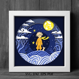 Pojke Månen Shadow Box Svg, Drömskig Natt Layered Paper Cut Mall, Stjärnklar Himmel Shadow Box, Fantasy Child Cricut Laserfil, Prins Svg