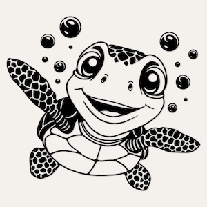 May include: A black and white graphic illustration of a smiling sea turtle swimming with its flippers extended. The turtle features large eyes and a patterned shell, surrounded by several circular bubbles of varying sizes floating around it.