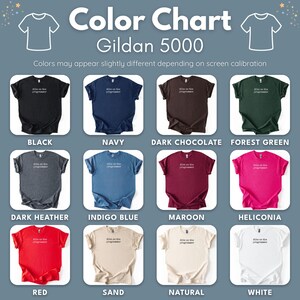 Color Chart Gildan 5000 T-Shirts, Variety of Colors, Unisex Shirts, Color Options for Custom Designs, Perfect for Printing