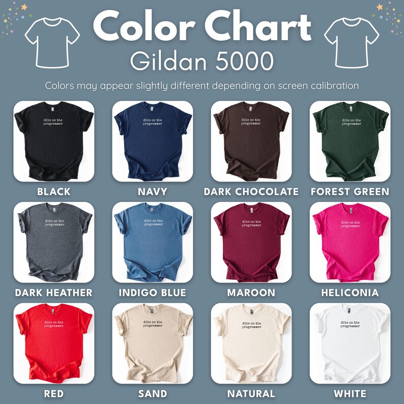 Color Chart Gildan 5000 T-Shirts, Variety of Colors, Unisex Shirts, Color Options for Custom Designs, Perfect for Printing