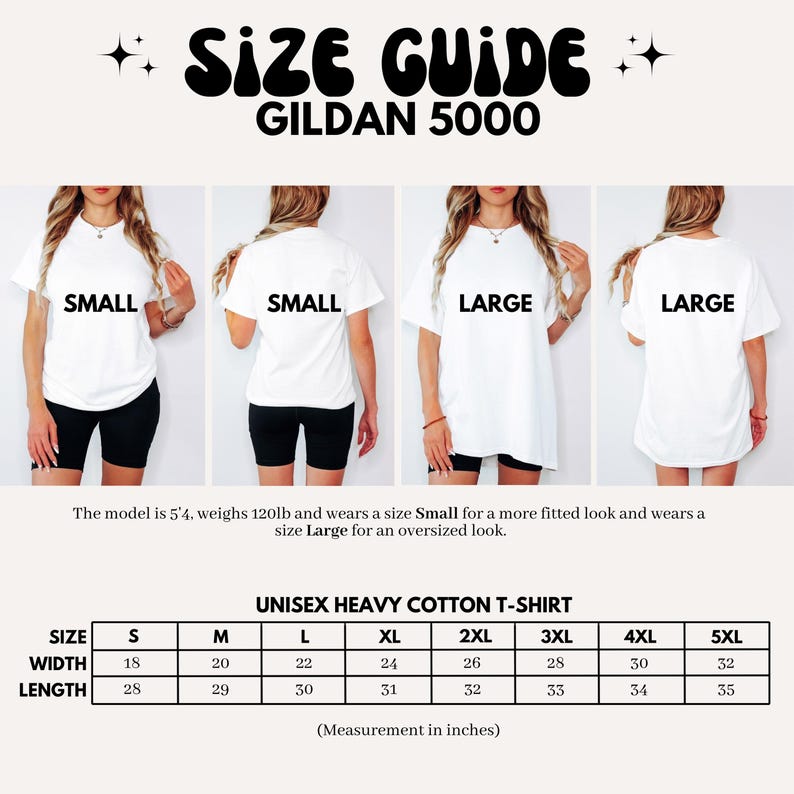 Unisex Heavy Cotton T Shirt Size Guide Gildan 5000, Size Chart for Small to 5XL, Comfortable Fit, Measurement Table, White Tee