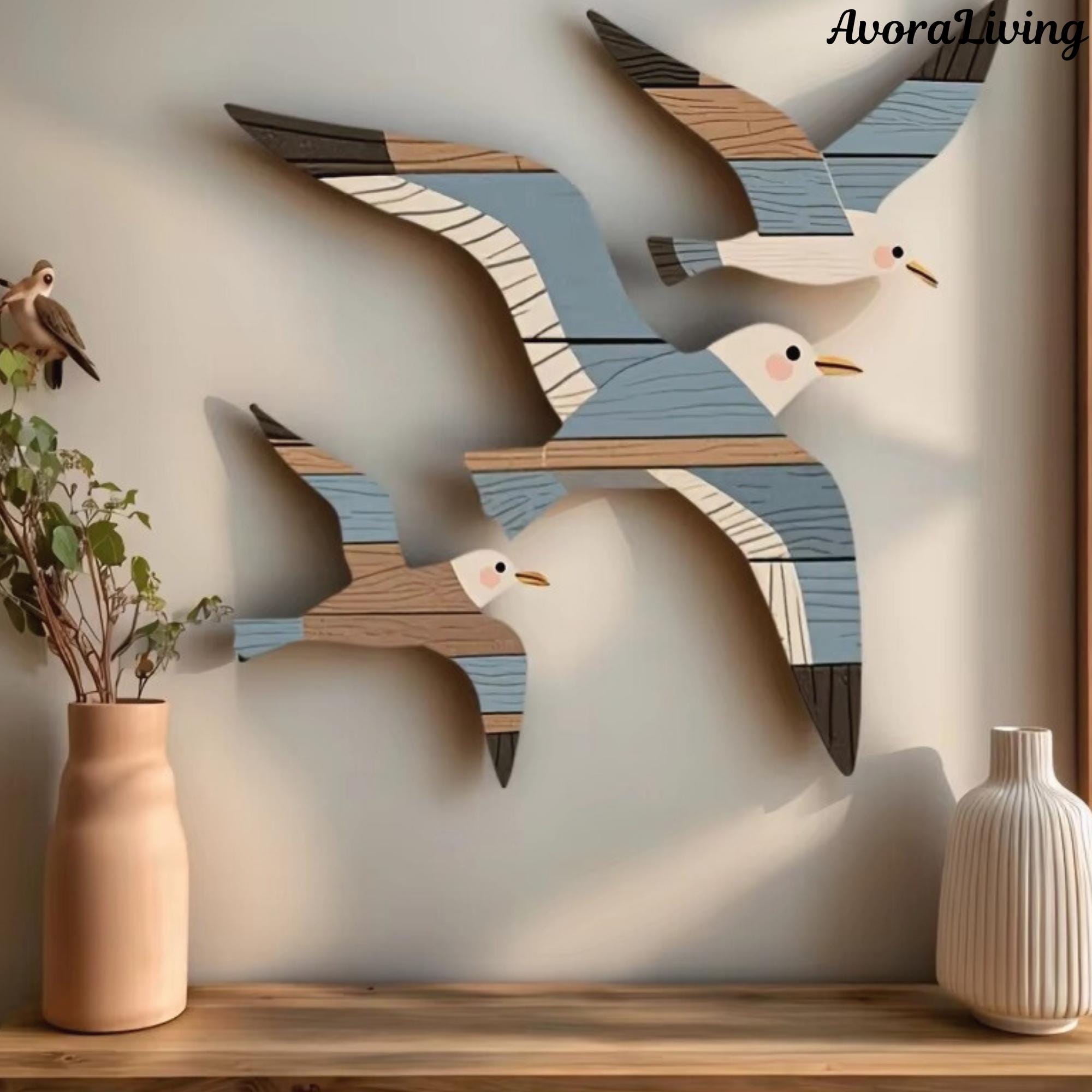 Wooden Seagull Wall Art Set, Nautical Beach Theme Decor, Coastal Bird ...