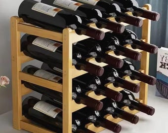 Large Wooden Wine Rack, 12 Bottle Countertop Grid Holder, Rustic Wine Storage Shelf for Kitchen, Bar, Dining Room & Home Décor