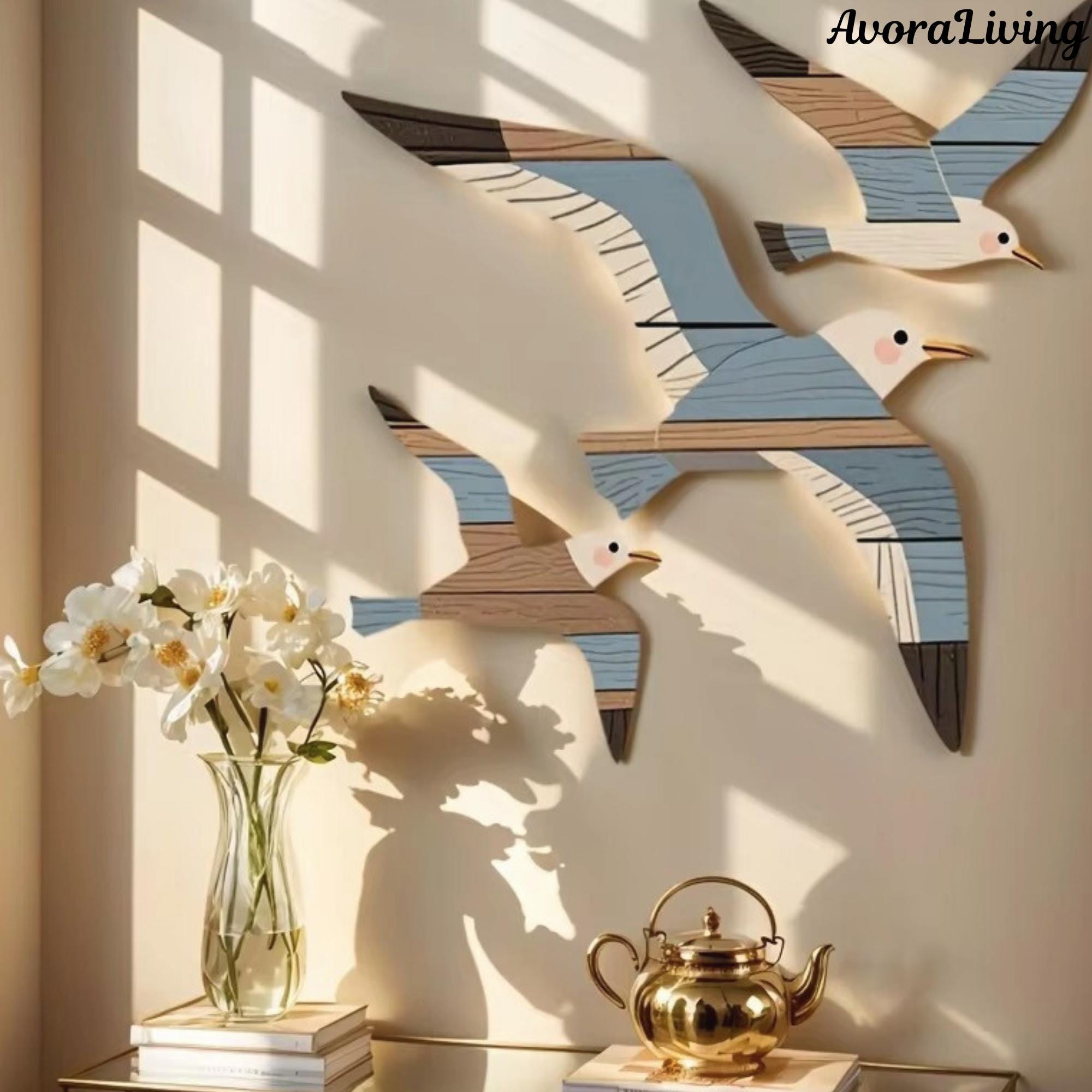 Wooden Seagull Wall Art Set, Nautical Beach Theme Decor, Coastal Bird ...