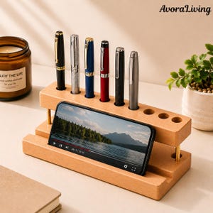 Stifthalter aus Holz, Schreibtisch-Organizer mit Telefonständer, Multi-Slot-Stift-Präsentation, Schreibtisch-Organizer, minimalistisches Arbeitsbereichszubehör