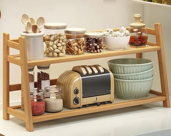 Bamboo Kitchen Counter Shelf, 2-Tier Spice Rack Organizer, Coffee Bar Storage Stand, Cabinet Countertop Display Shelf for Bowls & Jars