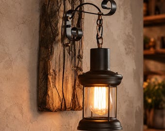 Rustic Industrial Wood Wall Sconce, Industrial Lantern Wall Light, Farmhouse Wall Decor Lighting, Rustic Bedroom Hallway Lamp