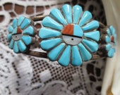 Dazzling INLAID TURQUOISE Sterling ZUNI Cuff Bracelet