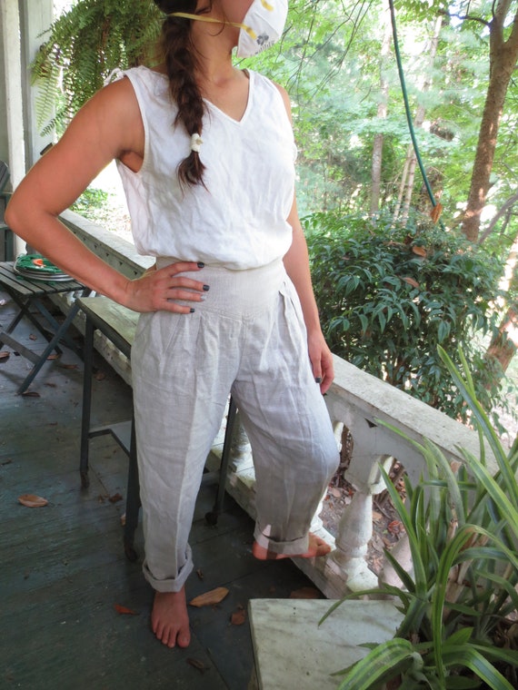 Classy Pure LINEN DRESS PANTS Pearl Button Side Cl