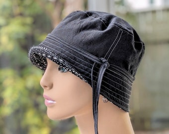 Women's Chemo Hat, See 3rd/4th Photo for Size Info, Black Organic Cotton/Black and White Cotton Reverse,  Handmade in USA, Visit: hedART