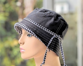 Women's Chemo Hats, Cancer Hat, See 3rd/4th Photo for Size Chart, Black Organic Cotton with Cotton Hounds Tooth Reverse, Handmade in the USA