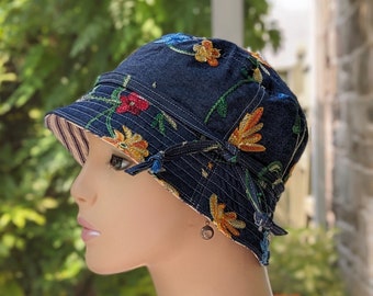 Women's Cancer Hats, Chemo  Headwear, 2nd Edition, See 3rd/4th Photos for Size Chart, Embroidered Denim Floral , Handmade in USA