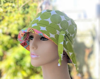 Chemo Headwear, See 3rd/4th Photo for Size Chart, Mini Sun Hat, Pokka Dot/Fun Floral Reverse, 3" Brim, Made in USA, Visit Etsy Shop: hedART