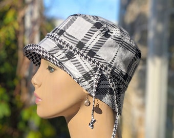 Cancer Hat, Chemo Hat, See 3rd/4th Photo for Size Chart, Black and White Cotton Plaid with Classic Hounds tooth Reverse, Visit Shop: hedART