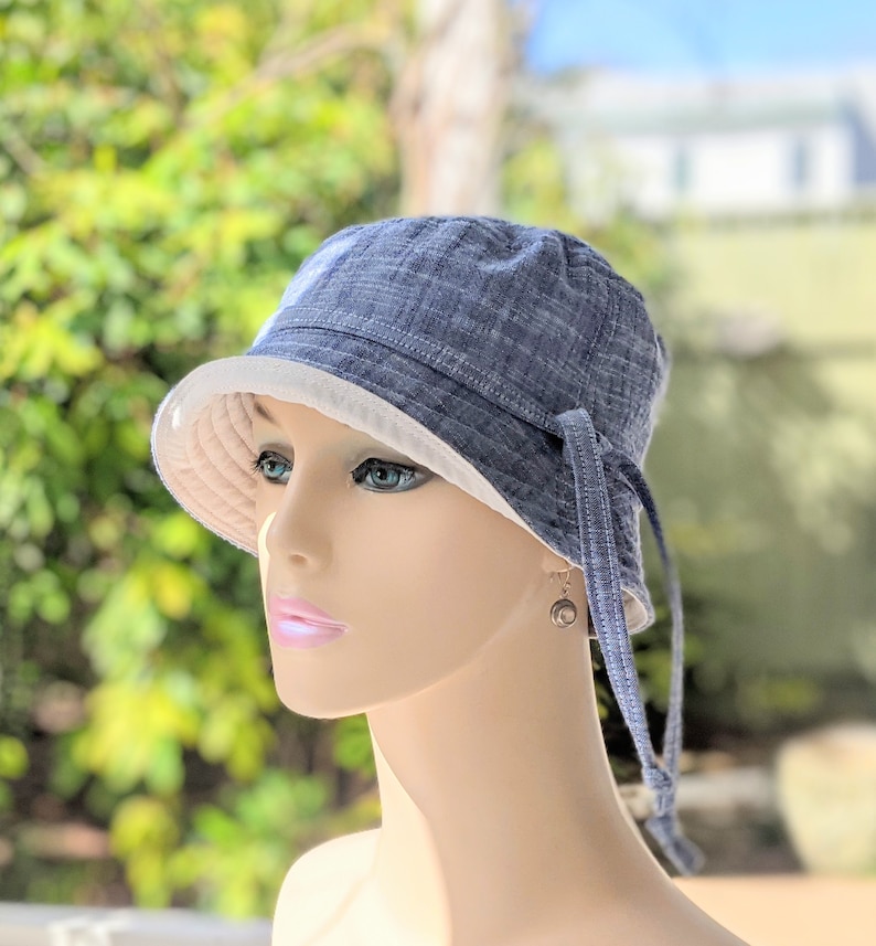 Women's Chemo Hats, Cancer Hats, Chemo Headwear, Size Info under 3rd/4th Photos, Soft Chambray Cotton/Organic Cotton Reverse , Made in USA image 9