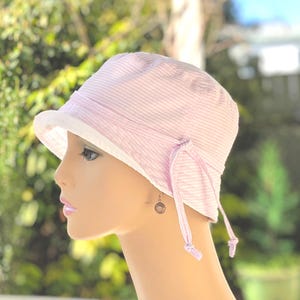 Women's Chemo Hat, Soft Light Weight Pink Seersucker, See Photos for Size Chart