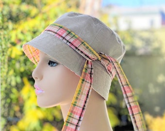 Women's Chemo Hat, See 3rd/4th Photo for Size Info, Organic Cotton with Plaid Reverse, Detachable Tie, Handmade in the USA, Visit: hedArt