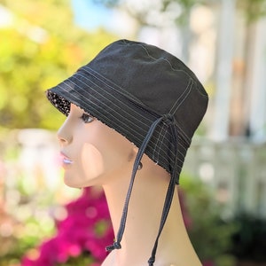 Women&#39;s Chemo Hat, See 3rd/4th Photo for Size Info, Black Organic Cotton/Black and White Cotton Reverse,  Handmade in USA, Visit: hedART