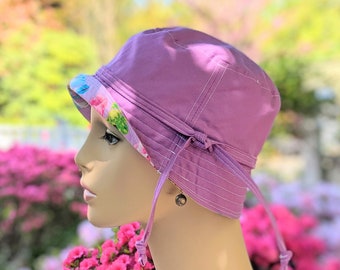 Chemo Hats, Chemo Headwear, See 3rd/4th Photos for Size Chart, Orchid Kona Cotton/Floral Reverse, Removable Tie, Made in USA,  Visit hedART!