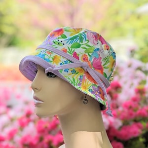Women&#39;s Chemo Hats, Chemo Headwear, See 3rd/4th Photo for Size Chart, Soft Cotton Garden Floral Hat, Orchid Kona Cotton reverse, Made in USA