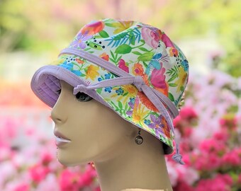 Women's Chemo Hats, Chemo Headwear, See 3rd/4th Photo for Size Chart, Soft Cotton Garden Floral Hat, Orchid Kona Cotton reverse, Made in USA