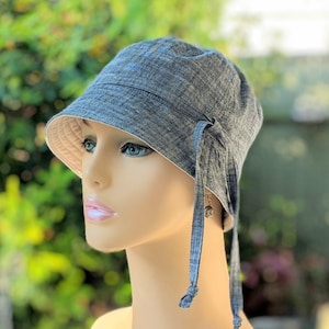 Soft Chambray Cotton Chemo Hat: Handmade Cancer Headwear with Organic Cotton, Size Chart Under Photos