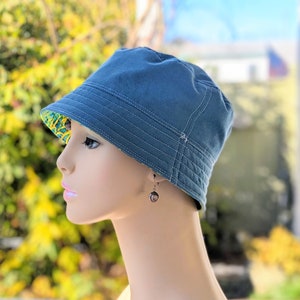 Women's Chemo Hat, Chemo Headwear, Bucket Hat, Size Chart see 3rd/4th Photos, Designer Cotton/Dusty Blue Organic Cotton Reverse, Made in USA image 9