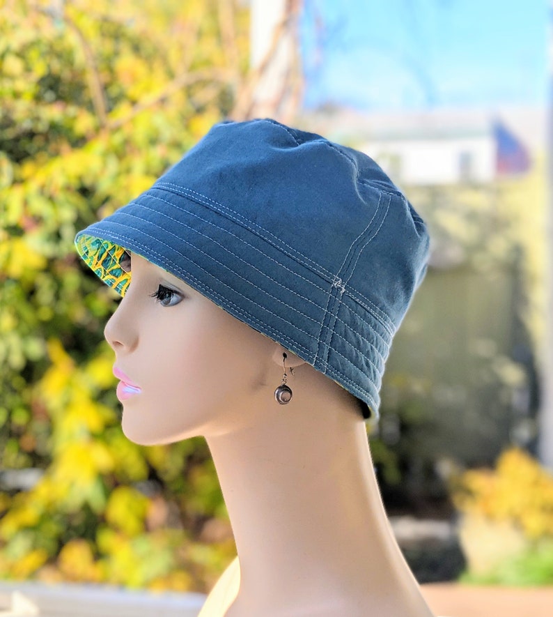 Women's Chemo Hat, Chemo Headwear, Bucket Hat, Size Chart see 3rd/4th Photos, Designer Cotton/Dusty Blue Organic Cotton Reverse, Made in USA image 9