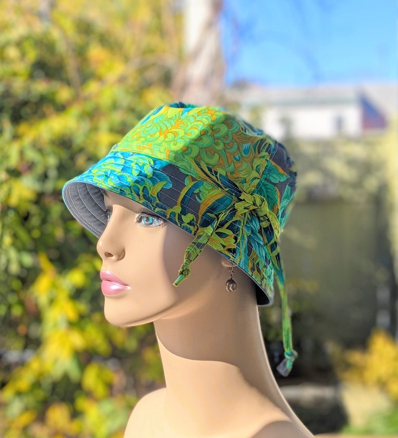 Women's Chemo Hat, Chemo Headwear, Bucket Hat, Size Chart see 3rd/4th Photos, Designer Cotton/Dusty Blue Organic Cotton Reverse, Made in USA image 8