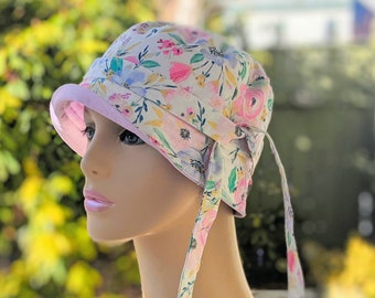 Women's Chemo Hats, Cancer Hat, See 3rd/4th Photos for Size Chart, Spring Floral, Orchid Cotton Reverse, Removable Tie, Etsy Shop: hedART