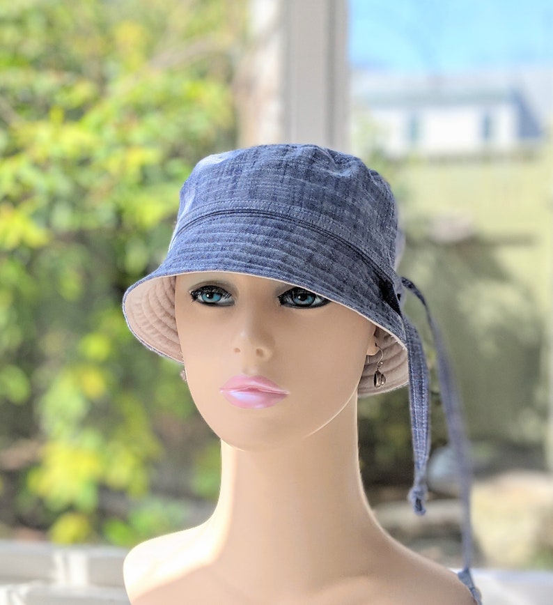 Women's Chemo Hats, Cancer Hats, Chemo Headwear, Size Info under 3rd/4th Photos, Soft Chambray Cotton/Organic Cotton Reverse , Made in USA image 1